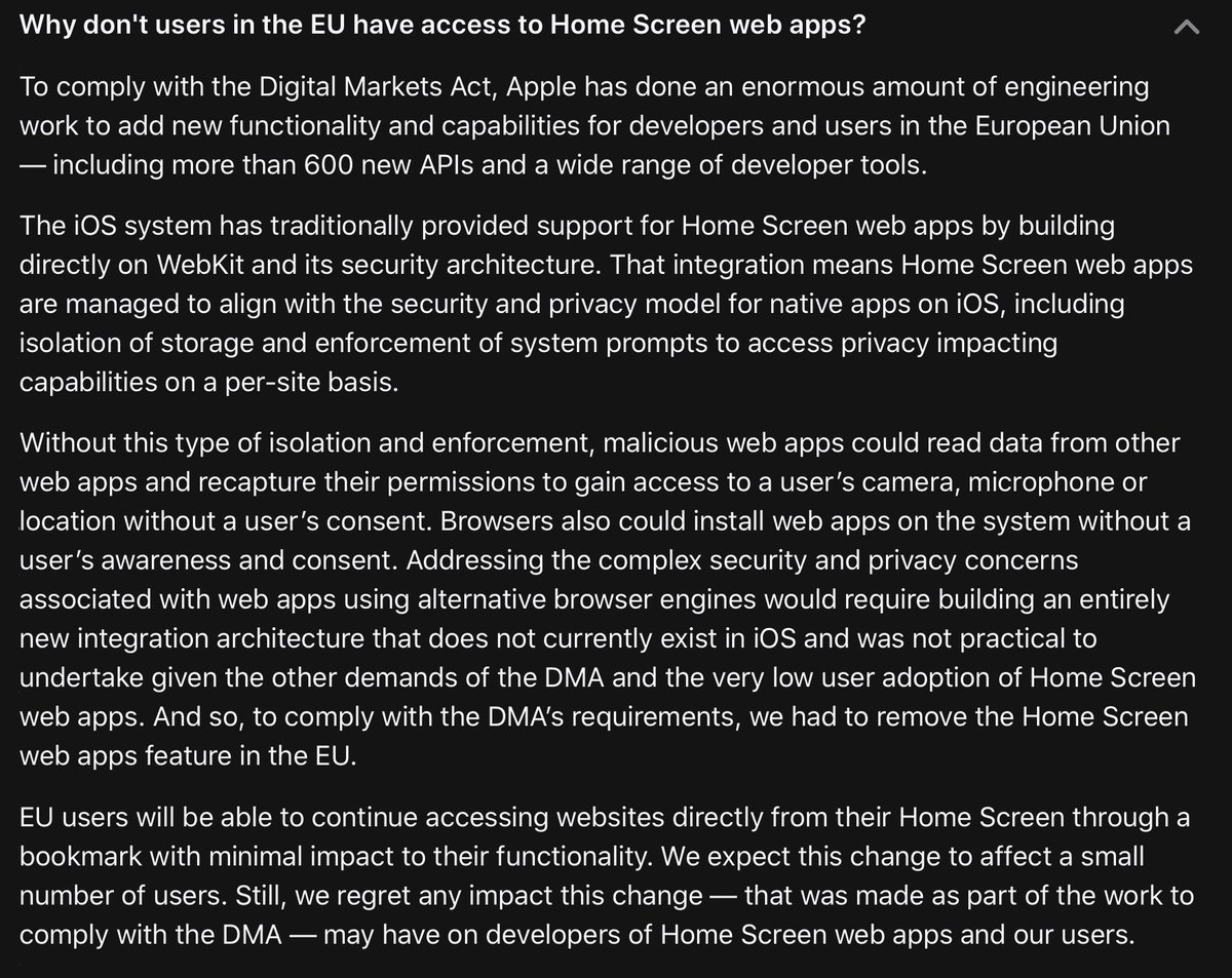 firt's tweet image. 🔥It's official🔥
👿Evil Apple is back, and it's killing PWAs on iOS for EU users🇪🇺
"To comply with the DMA’s requirements, we had to remove the Home Screen web apps feature in the EU.
-"Very low user adoption of Home Screen web apps"
-"Minimal impact to their functionality"