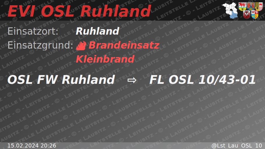 🚨 15.02.2024 20:26 🔥 B:Klein 🌐 Ruhland 🚒 ⇨ FW Ruhland wachalarm.leitstelle-lausitz.de/dbrd/a3bd3bfe-…