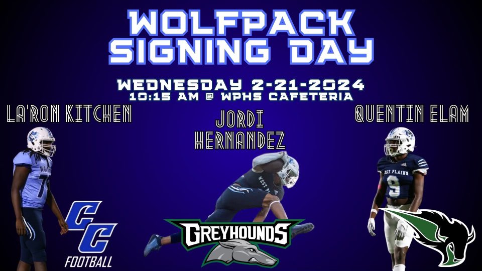 Join us on Wed, 2/21 at 10:15 am in the WPHS Cafeteria to celebrate Jordi, Quentin and La’Ron as they sign their National Letters of Intent to play collegiate football! Congrats guys! <a href="/WPHSbooster/">West Plains Athletic Booster</a> <a href="/CanyonAthDept/">CanyonISDAthletics</a> <a href="/WPlainsWolves/">West Plains High School</a> <a href="/TheCanyonNews/">The Canyon News</a> <a href="/hpisani91/">Hart Pisani</a> @KVIIsportsguy <a href="/CBrakebill/">Clint Brakebill</a>