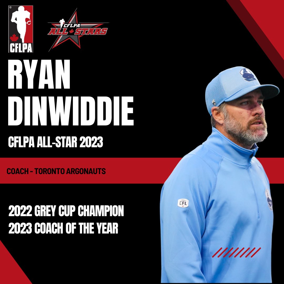 We finish up our All-Stars with the coaching position. Ryan Dinwiddie of the @TorontoArgos joins the 2023 #TeamCFLPA All-Star team after being voted in by the CFLPA membership.

Congratulations, Ryan!

#CFLPA #CFL #Toronto