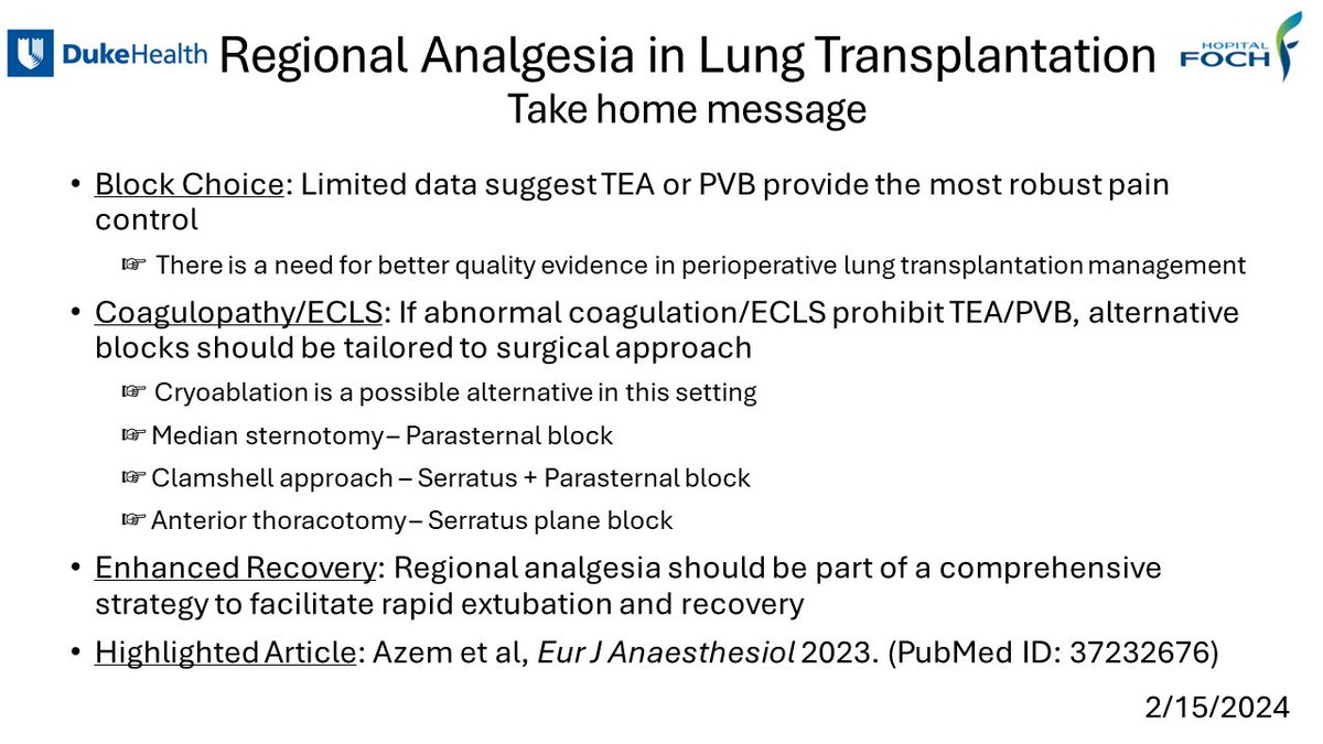 Excellent discussion today regarding regional analgesia in 🫁 transplantation - Data are limited - Tailor to surgical approach, ESLD, and ECLS requirements - Engage the MDT in a comprehensive early recovery protocol - Discussion continuing @ISHLT Connect @fessler_julien…