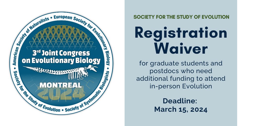 Are you a grad student or postdoc who would like to attend #Evol2024? SSE offers registration waivers for grad students and postdocs who need additional funding to attend the meeting. Complete the short application form by March 15: evolutionsociety.org/content/societ… @SSEgrad @Evol_mtg