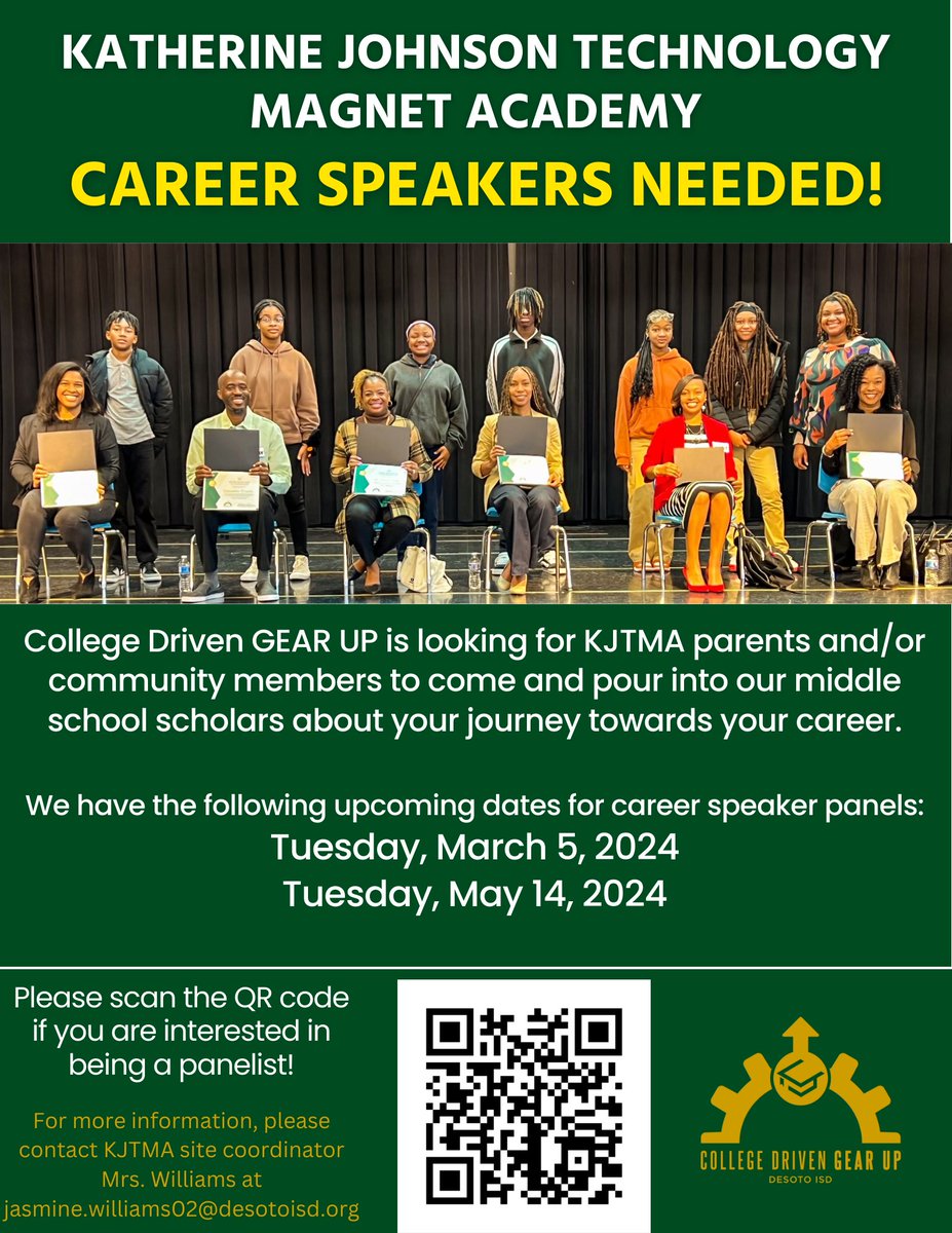Jasmine Williams, M.Ed (@mrsjaswilliams) on Twitter photo Know someone who is interested in coming to speak about the career journey with middle school students? If so, pass this flyer along and have them scan the QR code on the flyer! We would love to have them! <a href="/usamahrodgers/">Dr. Usamah Rodgers</a> <a href="/CollegeDrivenGU/">CollegeDrivenGU</a> <a href="/StephanieM_11/">Stephanie Morrell</a> <a href="/desototx/">City of DeSoto</a> Know someone who is interested in coming to speak about the career journey with middle school students? If so, pass this flyer along and have them scan the QR code on the flyer! We would love to have them! <a href="/usamahrodgers/">Dr. Usamah Rodgers</a> <a href="/CollegeDrivenGU/">CollegeDrivenGU</a> <a href="/StephanieM_11/">Stephanie Morrell</a> <a href="/desototx/">City of DeSoto</a>