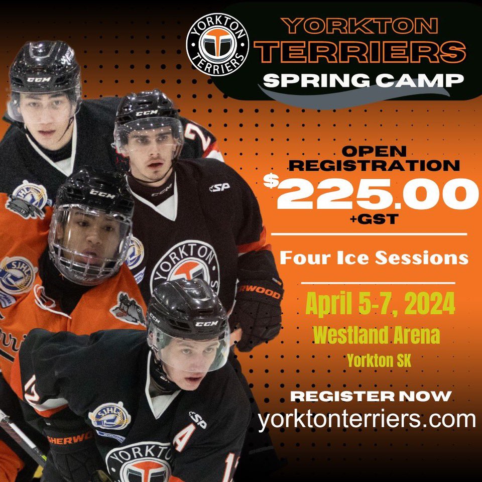 SJHLTerriers's tweet photo. As we make our push for the postseason, we are working on bringing the best of the best for years to come. Sign up for the Yorkton Terriers Spring Camp
https://t.co/LcbkqdDUj2
April 5-7, 2024 @ Westland Arena Yorkton
#yorktonterriers
#springcamp2024
#HockeyCamp
#SJHL
#ForTheFans https://t.co/mb4E7MVgor