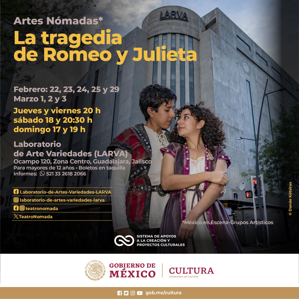 🎭<a href="/TeatroNomada/">Teatro Nómada</a> (México en Escena) da vida a este clásico donde la venganza, el rencor, el humor ácido y la ironía acompañan la historia de “Romeo y Julieta” de William Shakespeare.

📅22 de febrero a 3 de marzo
📍#Guadalajara
🎟Boletos: bit.ly/RomeoyJulieta2…

<a href="/cultura_mx/">Secretaría de Cultura</a>