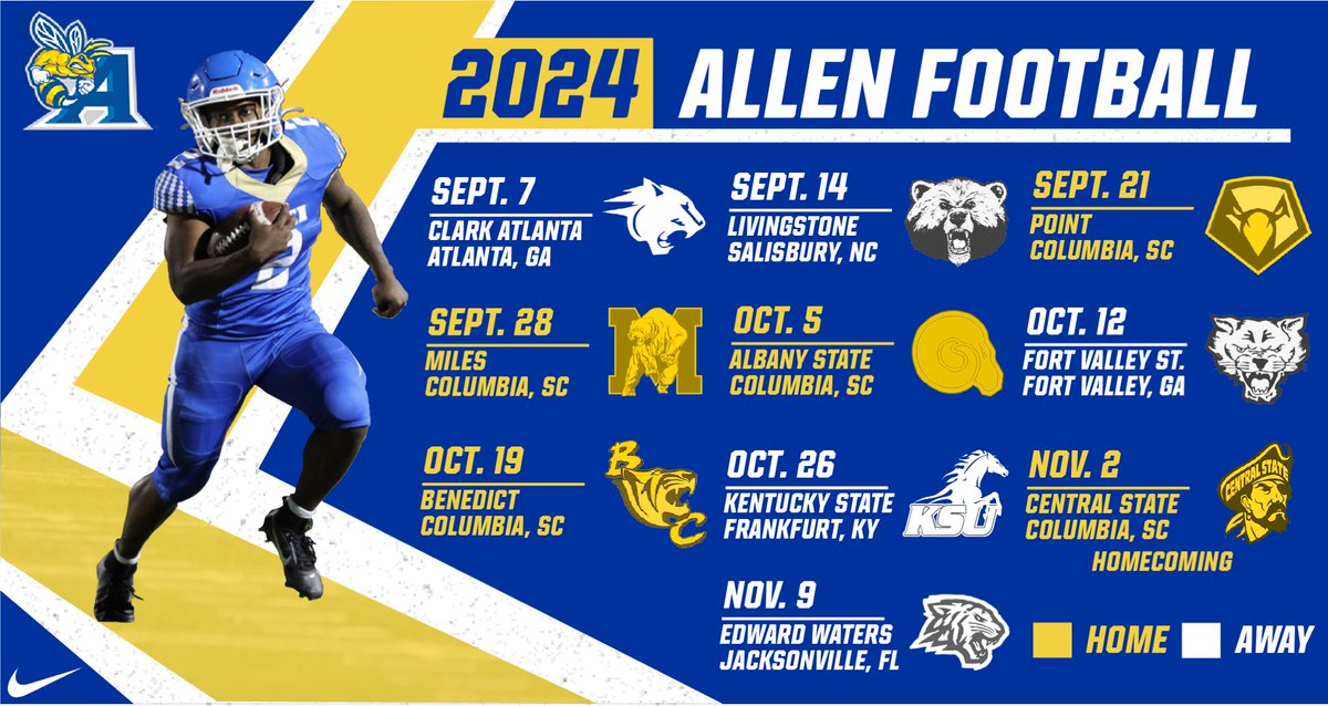 𝗧𝗵𝗲 𝟮𝟬𝟮𝟰 𝗔𝗹𝗹𝗲𝗻 𝗙𝗼𝗼𝘁𝗯𝗮𝗹𝗹 𝗦𝗰𝗵𝗲𝗱𝘂𝗹𝗲 We’ll see you in 205 days when the Yellow Jackets kick-off their season at Clark Atlanta. Full Release: bit.ly/2024AUSchedule