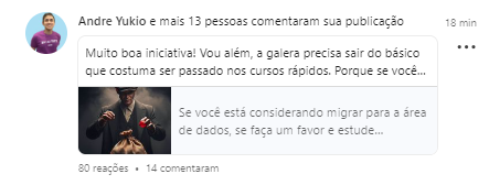 Matheus_Diiogo's tweet photo. Trocar o instagram pelo Linkedin tá começando a dar resultados (pelo menos no engajas)

Fala do Data Blinder!

Bora ver se vai gerar bons frutos de propostas também né 🤪

obs: Sou tiete do Yukio, a lenda das estatísticas🥸 https://t.co/qNSwepStwi