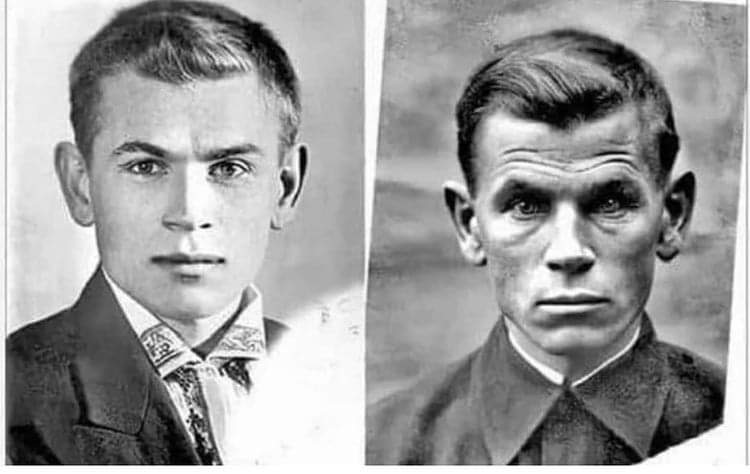 Evgeny Stepanovich Kobytev (Soviet Soldier) - The human face after four years of war 1941 vs 1945 :

These two pictures are shown side by side in the Andrei Pozdeev museum. The museum caption reads: “(Left) The artist Eugen Stepanovich Kobytev the day he went to the front in
