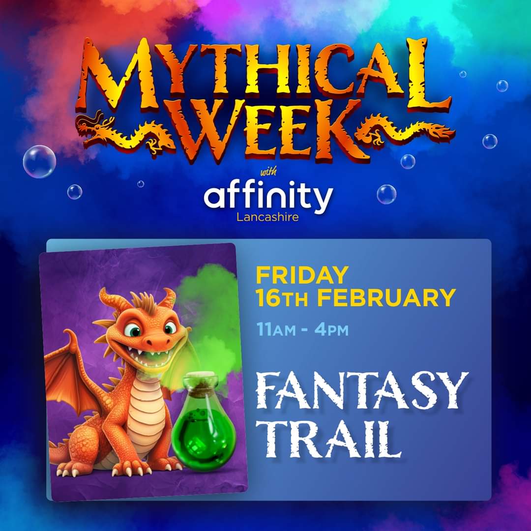 Join us tomorrow between 11am and 4pm for our FREE Magical Fantasy Trail here at Affinity Lancashire. Hunt around the centre to find the mythical creatures who are each guarding a word and collect them to create a magical spell! We can't wait to see you 🐲 #affinitylancashire