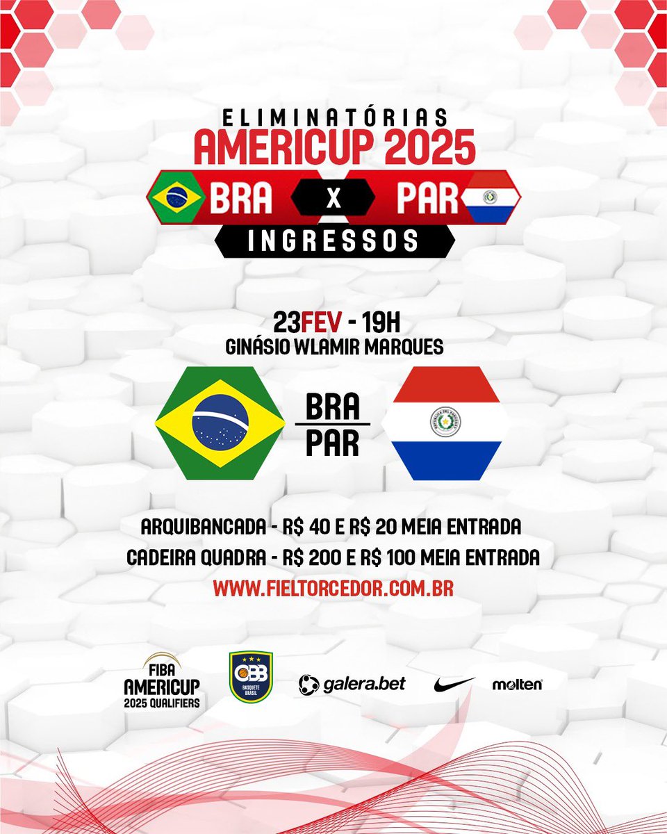 basquetebrasil's tweet photo. GARANTA O SEU INGRESSO PARA BRASIL X PARAGUAI PELAS ELIMINATÓRIAS DA AMERICUP! 

🗓23/2, sexta, 19h 

🏀R$ 40 inteira e R$ 20 meia - Arquibancada 
🏀R$ 200 inteira e R$ 100 meia - Cadeira quadra 

🌐Vendas em https://t.co/wtCORardnE! 

▶️Não teremos bilheteria aberta no dia do jogo! 

BORA COLAR NO WLAMIR MARQUES!