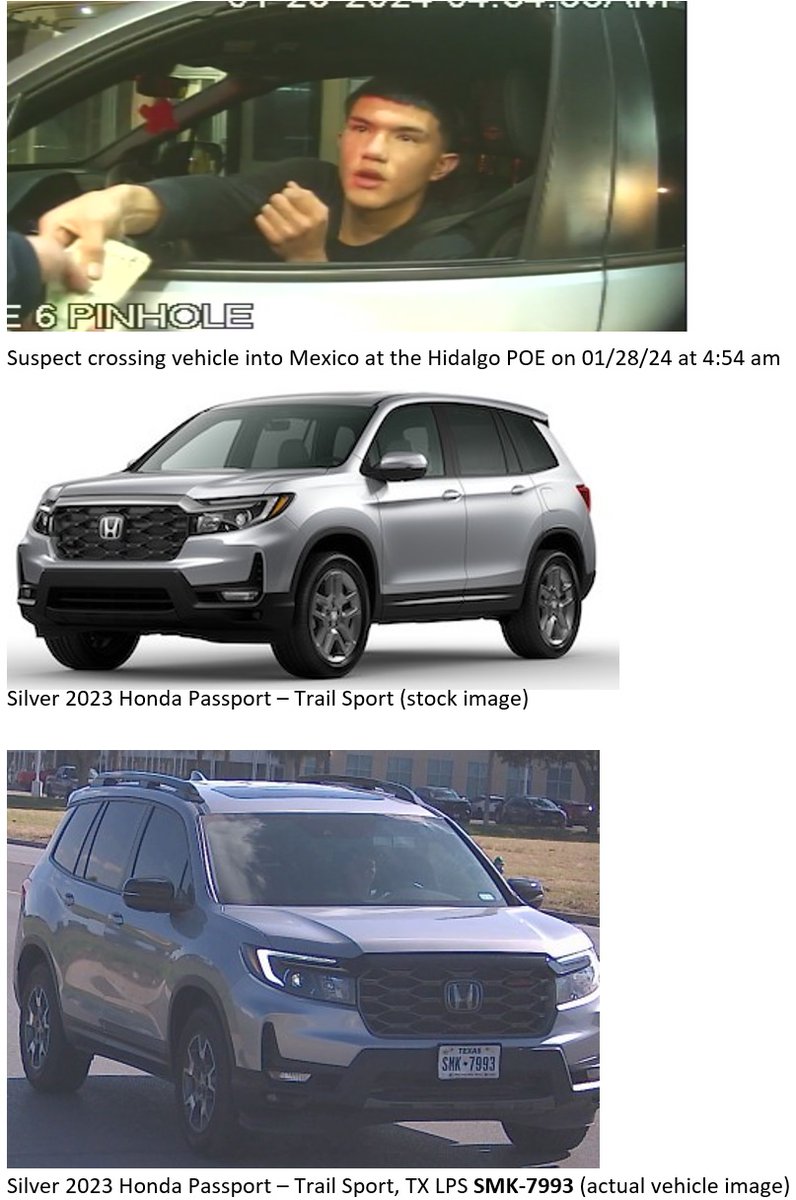 HCSO is currently investigating the theft of a silver 2023 Honda Passport Trailsport. HCSO investigators have obtained a photograph of the suspect and are seeking the public's help to identify him.  Please call the Sheriff's Office if you have any information at 
956-383-8114.