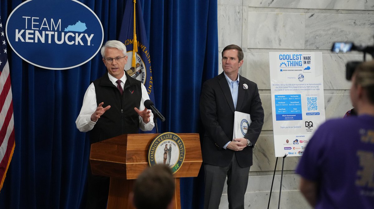 GovAndyBeshear's tweet photo. I may be a little biased but it’s never been cooler to be a Kentuckian than right now.

From @Ale8One to the @Ford Super Duty truck to @DippinDots to @ShadyRays, we've got some pretty cool things here and I was proud to kick off the "Coolest Thing Made in Kentucky" Tournament! 😎 https://t.co/fAVC13wh81
