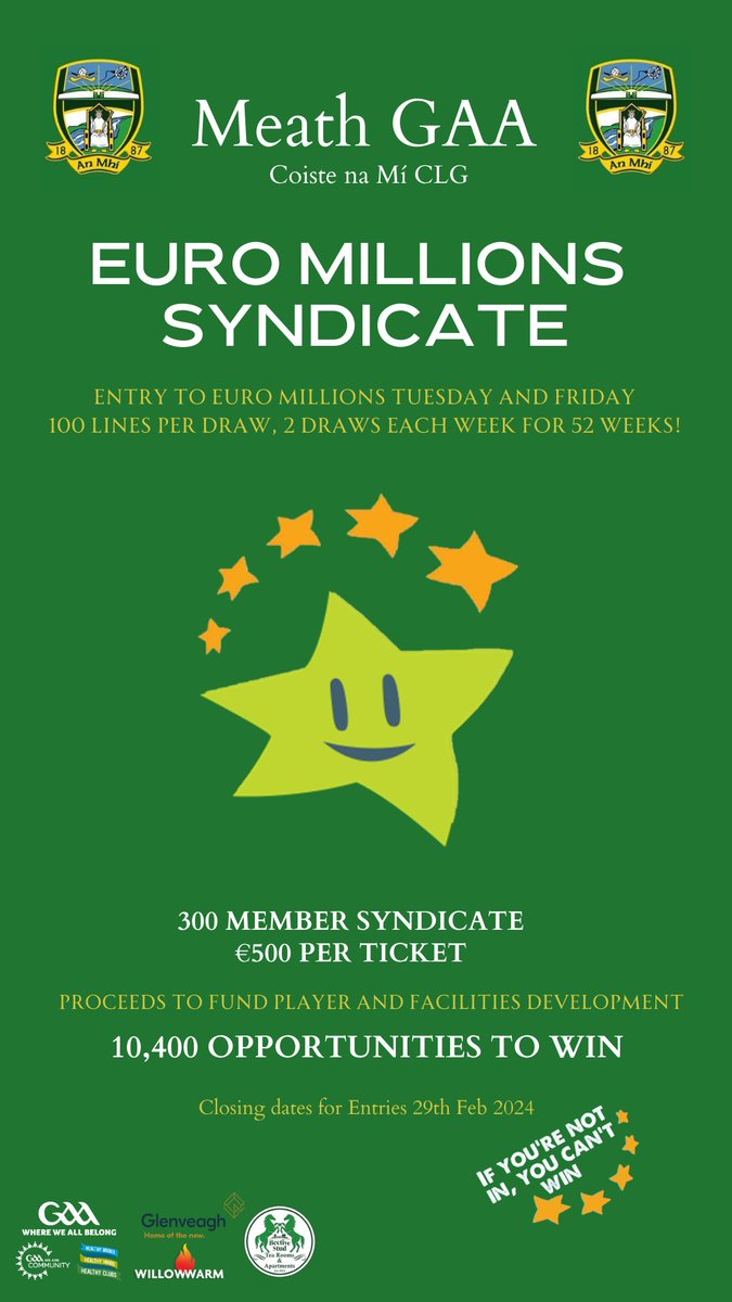 MeathGAA's tweet photo. Be in with a chance to win the Euro Millions &amp; also support Meath GAA.

Our Euro Millions syndicate aims to generate essential finds for the ongoing development of our facilities &amp; games. 

Memberships are available through the Meath GAA App.

https://t.co/syN6K6H7Vj…

#MeathGAA https://t.co/X2nRl765Kj