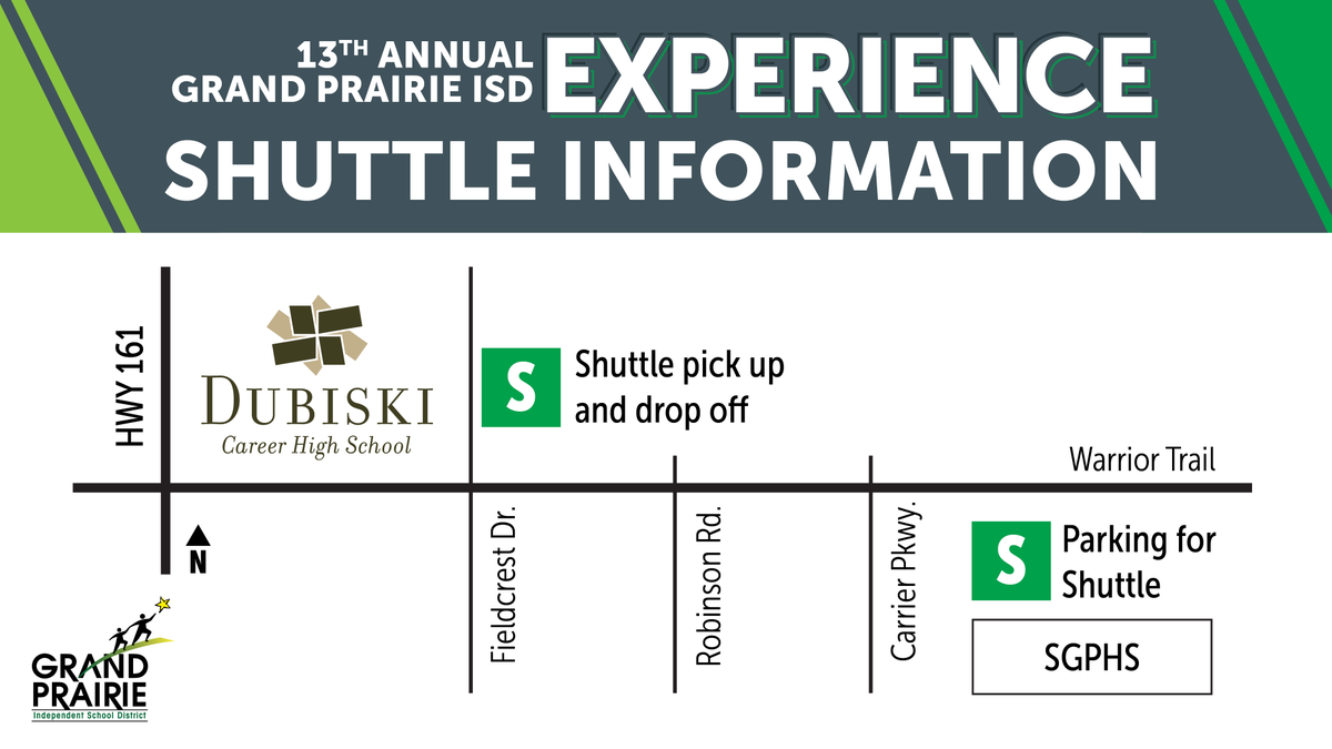 We are excited to see you all this Saturday! Be sure to take advantage of the FREE park-n-ride shuttle from South Grand Prairie High School (301 W. Warrior Trail, Grand Prairie, TX 75052) to the GPISD Experience. The shuttle will run throughout the event. gpisd.org/experience