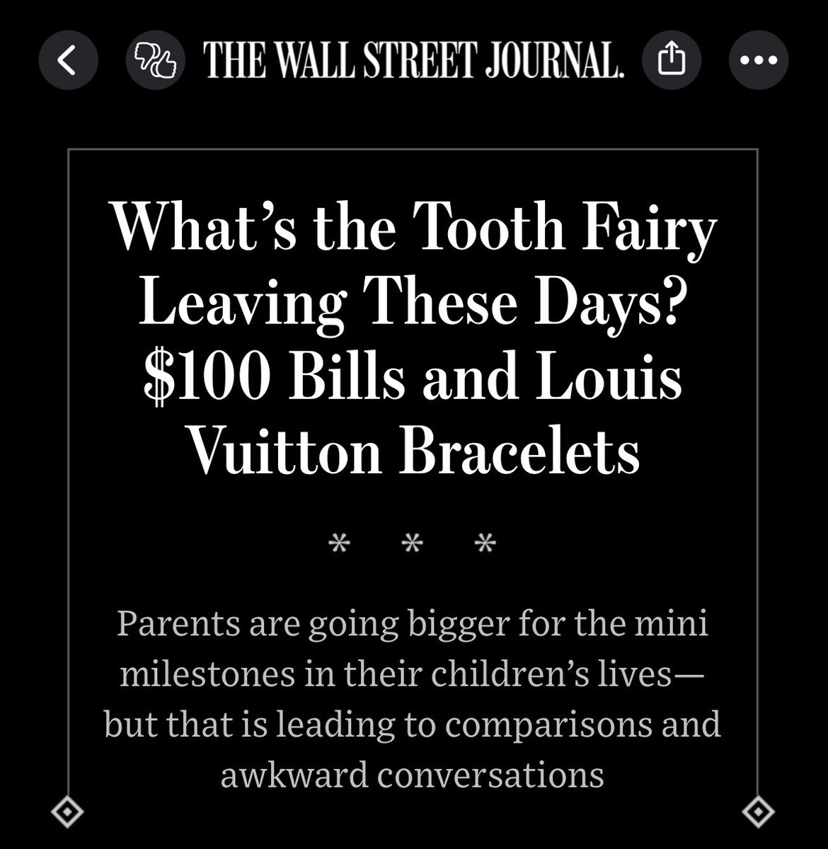 When I lost my first tooth I was given a piece of dental floss to tie the tooth to a cabinet door. Then I slammed it myself. True accounting 
Talk about entitlement of kids and parents that do this 🤮 progress…