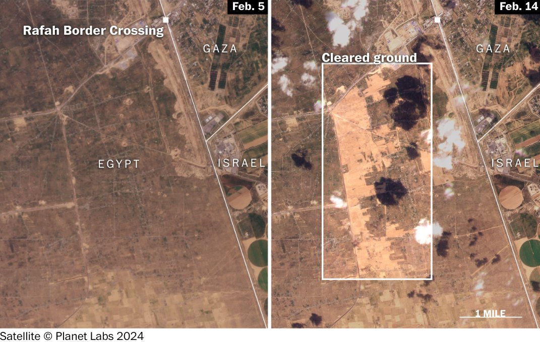 Satellite imagery and video show that over the past week there has been extensive construction and ground clearing near the Gaza border in Egypt. washingtonpost.com/world/2024/02/…