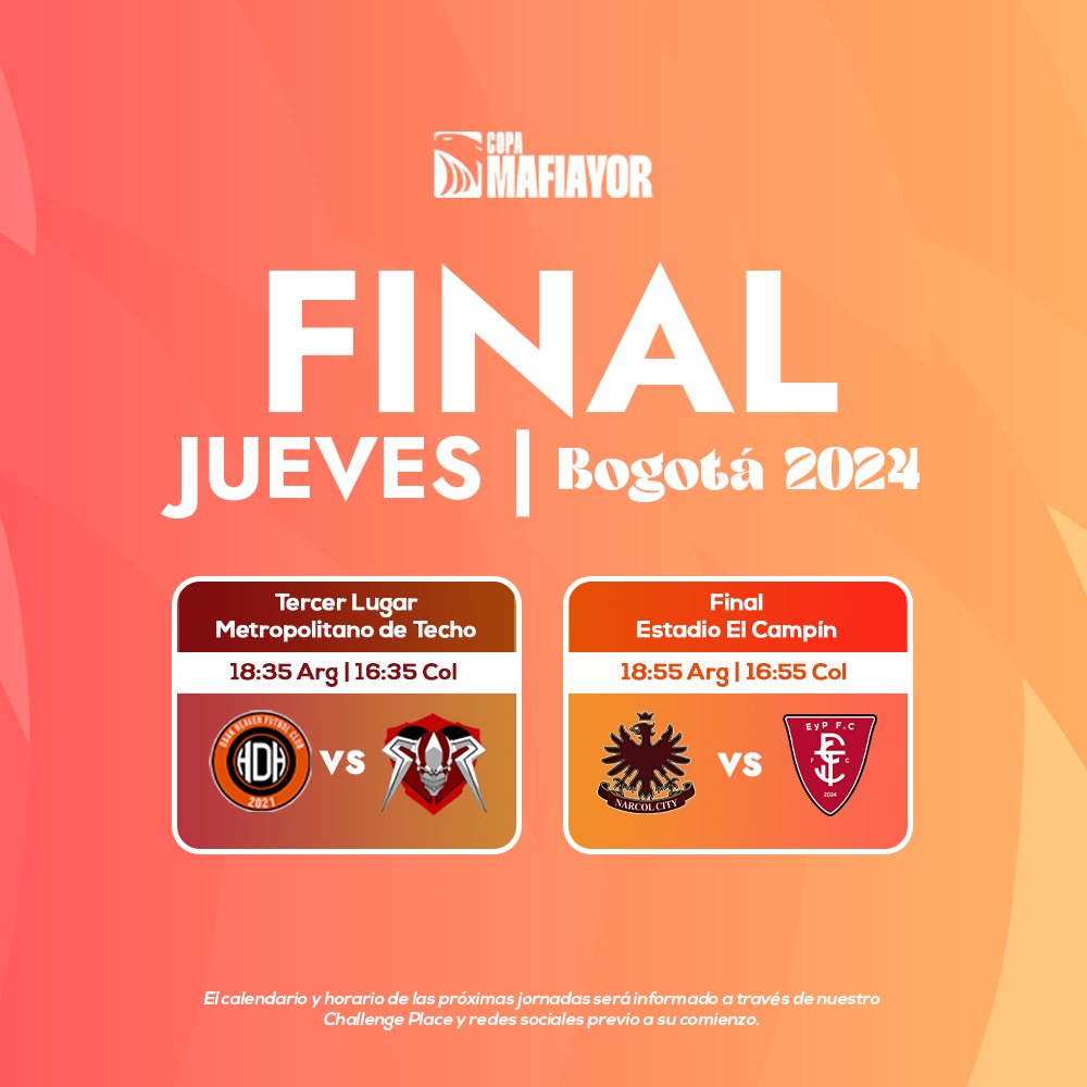 𝙃𝙊𝙔 𝙏𝙀𝙉𝙀𝙈𝙊𝙎 𝘾𝘼𝙈𝙋𝙀𝙊́𝙉 🏆

#Bogotá2024 está lista para recibir la gran final y el tercer lugar de la Copa 2024. NarCOL City y Esquizofrénicos disputan el primer título de la temporada.

Nos vemos a las 18:30 🇦🇷 | 16:30 🇨🇴 por twitch.tv/ligamafiayor