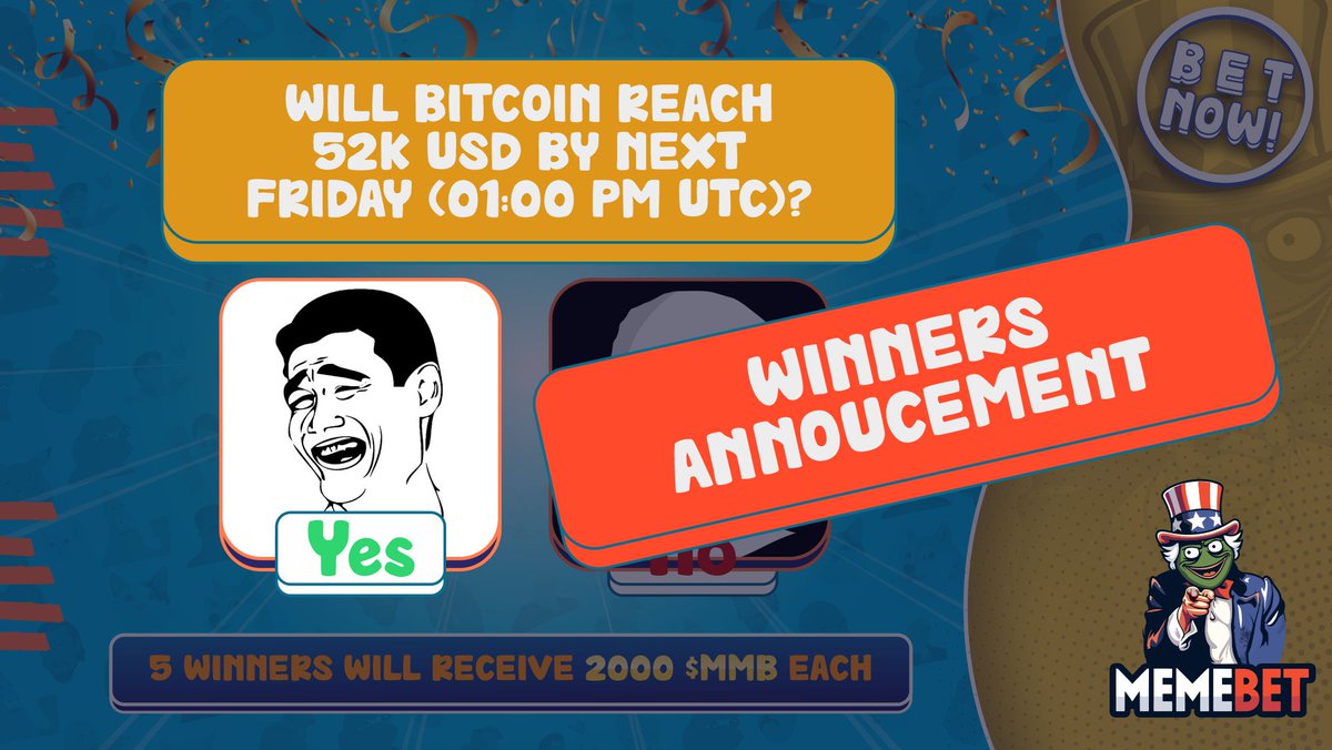 memebetbot's tweet photo. #Bitcoin has surprised us once again and has reached the 52k mark again.

Congratulations to the winners🥳.

We have chosen 5 winners from the event:
@morethaitea
@0jw1ns
@2picknava2
@lumintu33
@aiuchibwii

Send us a DM to claim your prize!🔥 https://t.co/YX0ONX7gEh