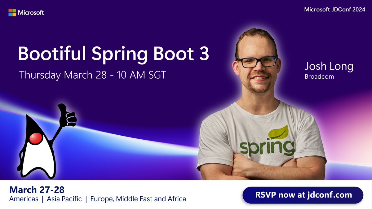 JavaAtMicrosoft's tweet image. Dive into Spring Framework 6 &amp;amp; Spring Boot 3 with @starbuxman at #JDConf! See how Spring uses Java 17 for better app efficiency via live coding. A must for Java devs! RSVP: JDConf.com | More info: aka.ms/JDConf-Sessions

#SpringBoot #Java