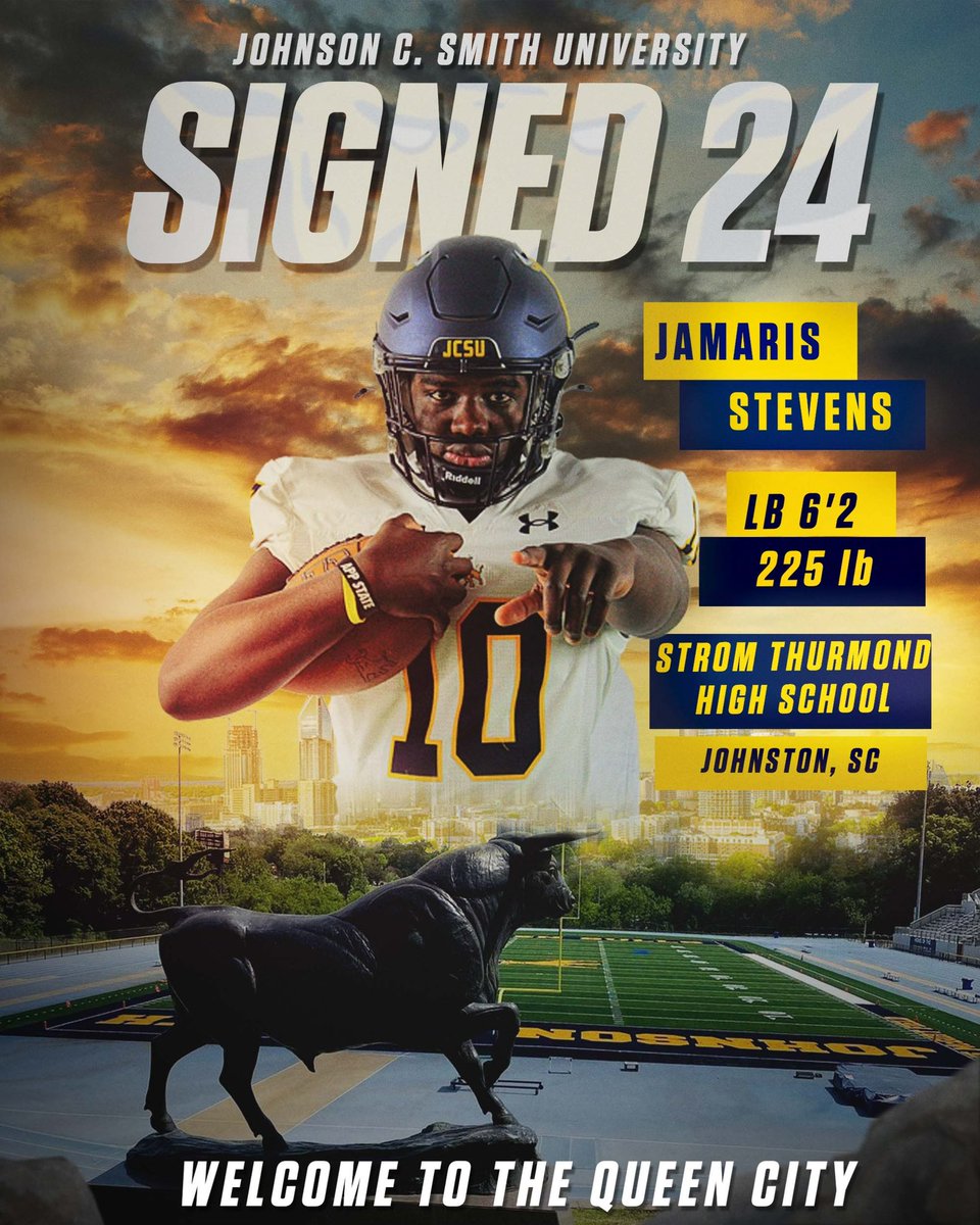 JCSUFootball's tweet photo. Golden Bull 𝙎𝙞𝙜𝙣𝙚𝙙 🖊️ 
From: Johnston, SC

Welcome to the Queen City! #704

➡️ @jamarisstevens5 

 #Goldenbullspride |#EVERYTH1NGEVERYDAY | #NSD24
@JCSUniversity @JCSUSports https://t.co/UggpB4teyG