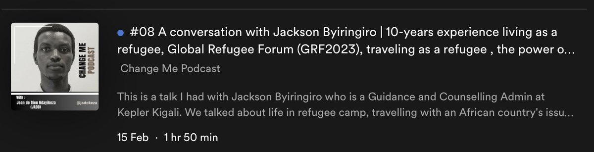 Changemepodcast's tweet photo. Listen to the conversation with @byirjack  shading a light on his experience, a decade as a refugee, his experience participating the Global Refugee Forum 2023 #GRF2023 and more  

Check it out on Spotify or Apple Podcast:
https://t.co/SVIf99bzwf https://t.co/KqmvdJGWPd