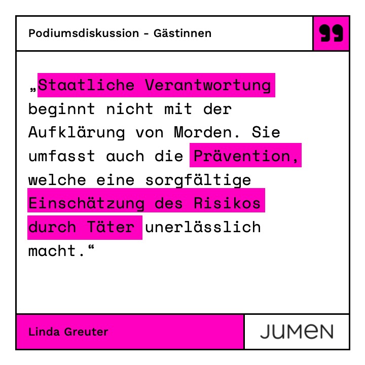 +++ #Femizide strategisch verhindern - Möglichkeiten vor nationalen und internationalen Gerichten +++

Wir freuen uns auf Linda Greuter als weitere Gästin bei unserer Podiumsdiskussion am 5.März!

Anmeldung: eveeno.com/121321608