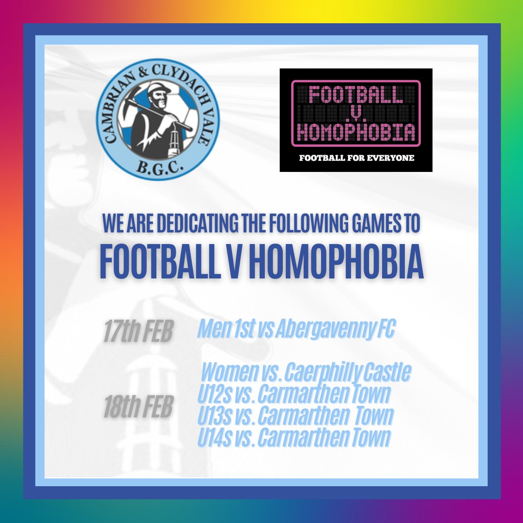 Cambrian and Clydach Vale BGC are supporting the @FvHtweets Month of Action in February by designating these games to the campaign. Our #FvH2024 game is taking place this Sunday.

Football is For Everyone.

#LGBTQinclusion