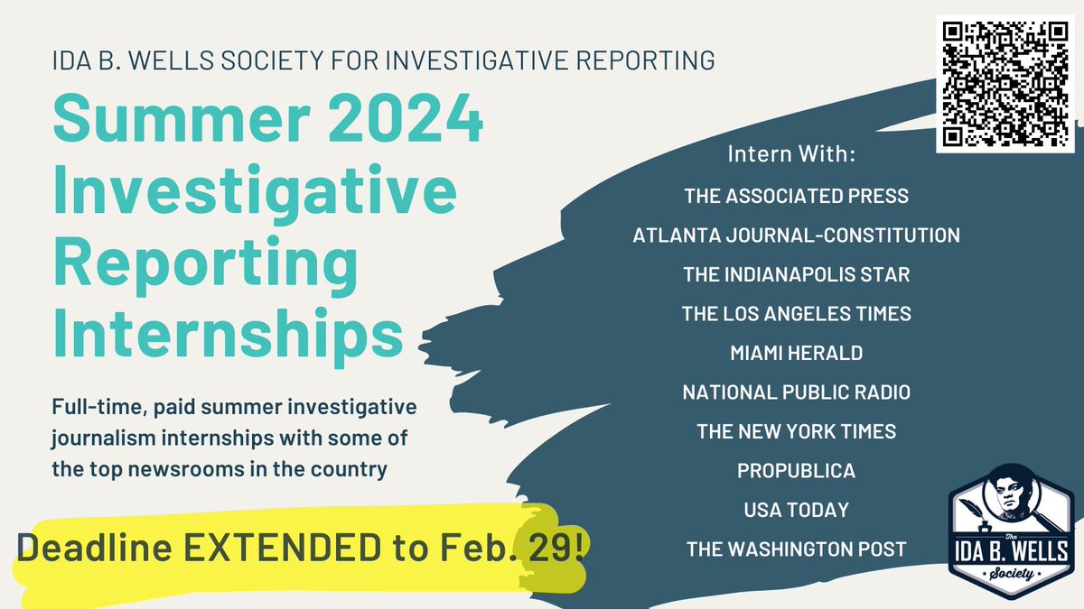 We’ve heard your requests and are extending the deadline for the 2024 Investigative Reporting Internship cohort! Apply by Feb. 29 to intern @AP, @ajc, @indystar, @latimes, @MiamiHerald, NPR, @nytimes, @propublica, @USATODAY, or @washingtonpost! idabwellssociety.org/training/ida-b…