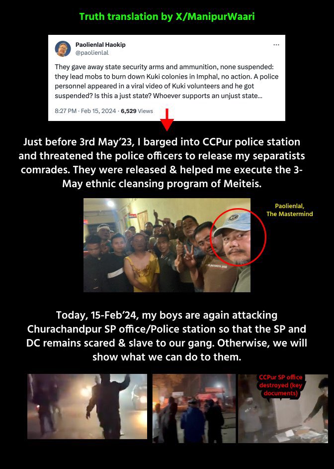 "they gave away state security arms and ammunition, none suspended; they lead mobs to burn down Kuki Colonies in Imphal, no action. A police personal appeared in a viral video of Kuki volunteers and he got suspended? Is this just a State? Whoever supports an unjust State..."