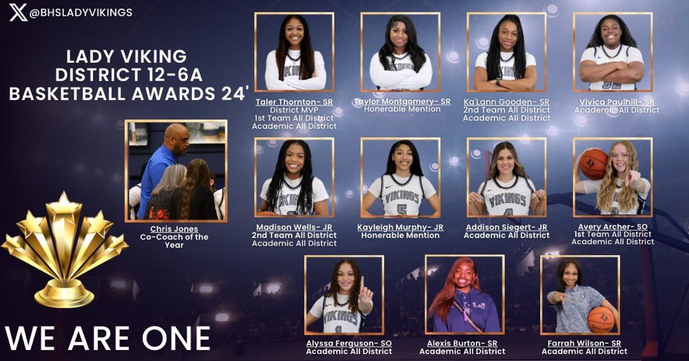 Thanks Coach Jones and  <a href="/BHSLadyVikings/">Audrey Bennett</a> for a great run!!Thanks for believing in me and pushing me to always be my best. Congrats to all of my teammates on all of their district awards. I am blessed to receive District MVP🏆 
<a href="/BHSLadyVikings/">Audrey Bennett</a>  <a href="/bhsbluechips/">Bryan Viking Blue Chips</a>  <a href="/TreTilJon/">Trenia Tillis Hoard</a> <a href="/TJCWBB/">Tyler JC Women’s Basketball</a>