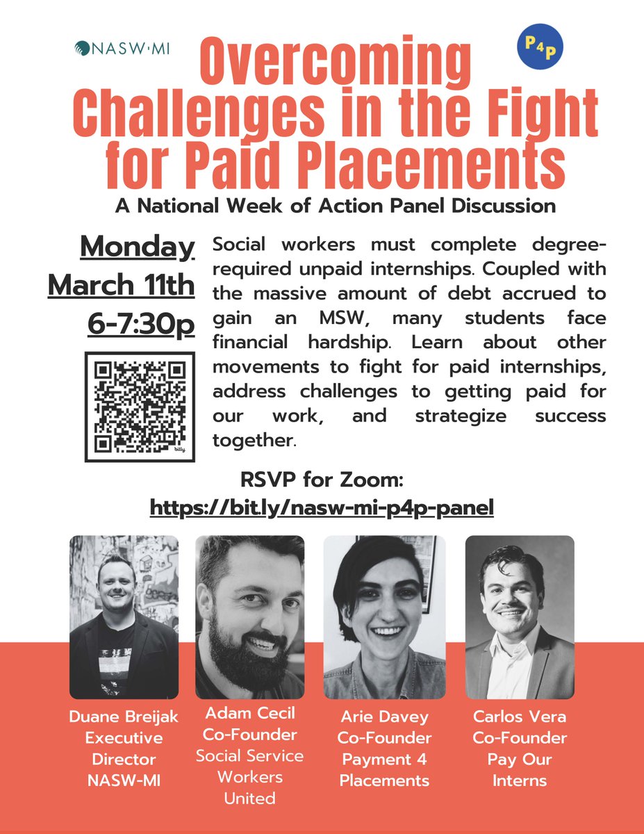 Overcoming Challenges in the Fight for #PaidPlacements
A P4P National Week of Action #P4PNWoA Panel Discussion
Monday, March 11, 6-7:30 pm Eastern Time

RSVP for Zoom link: bit.ly/nasw-mi-p4p-pa…

Open to #socialworkstudents, #swfaculty, and staff across #Michigan and beyond