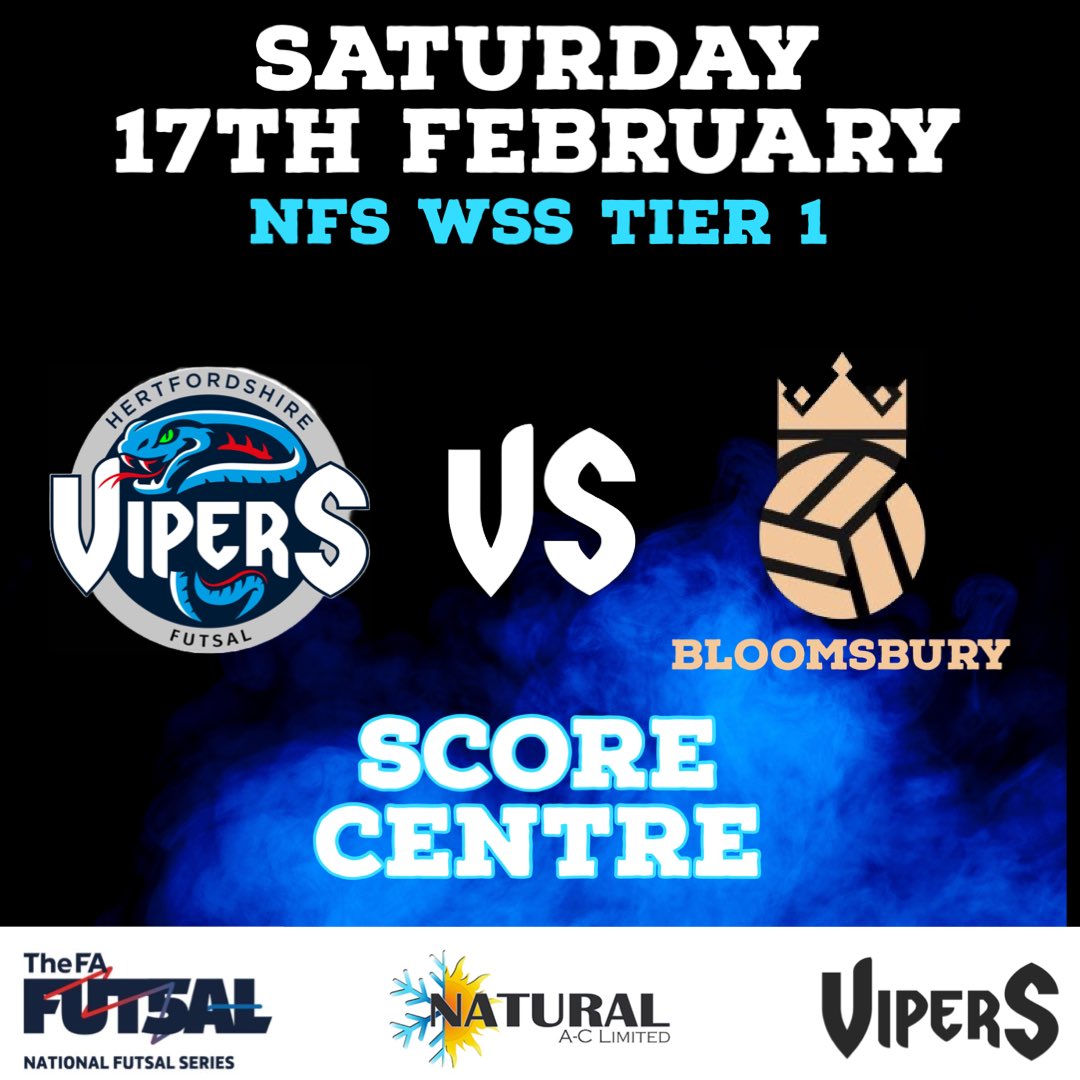 🔜NEXT UP🔜

We are back in action this Saturday 👊🏻

As we take on <a href="/BloomsburyFTSL/">Bloomsbury Futsal</a> in match day 8 🙌🏻

All support greatly appreciated 👏🏻

#VipersFamily