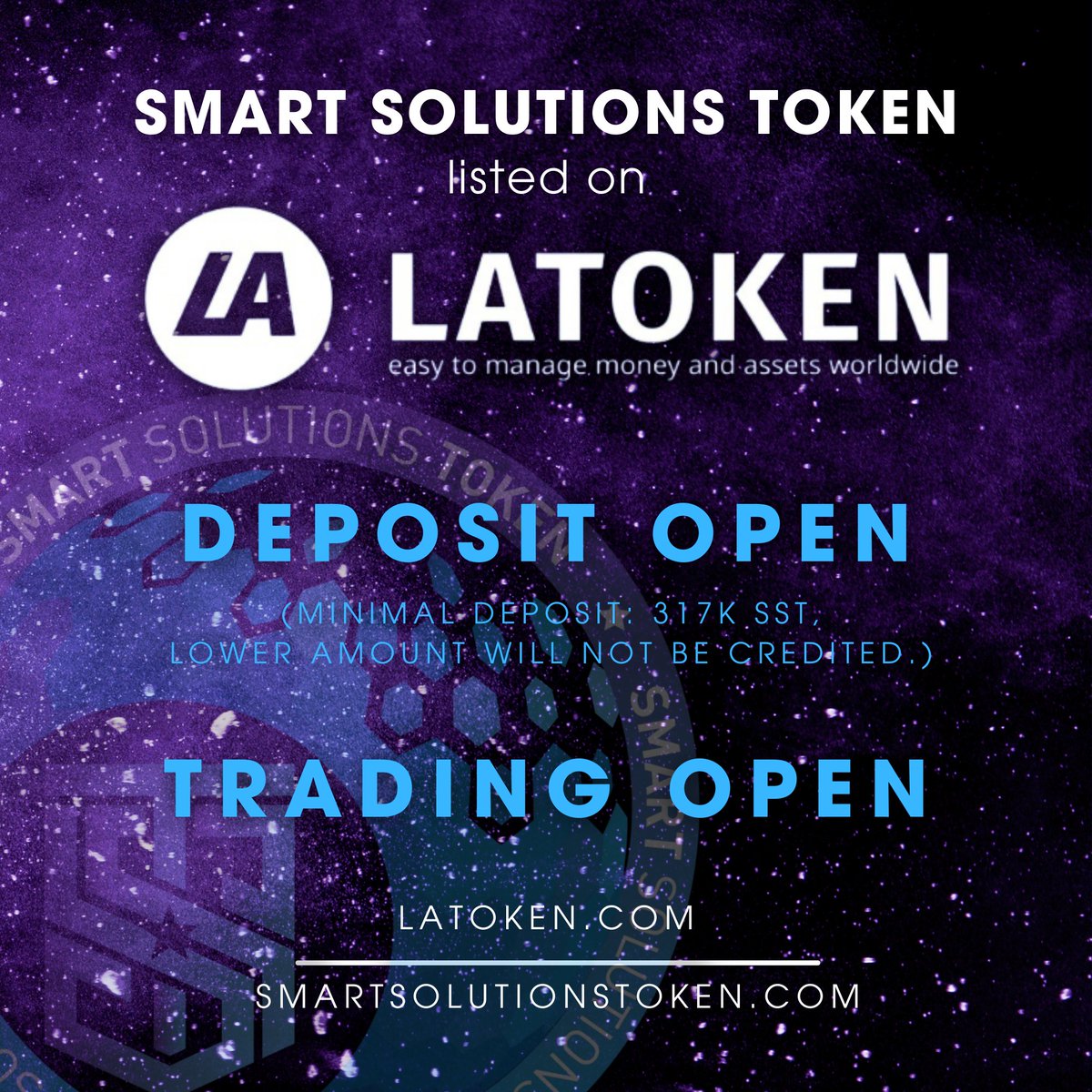 sstcrypto's tweet image. LATOKEN now listed Smart Solutions Token (SST). Min. deposit: 317,000 SST. Join us to increase visibility and continue our journey together.

A LATOKEN listázta a Smart Solutions Tokent (SST). Min. befizetés: 317,000 SST. Csatlakozz hozzánk!