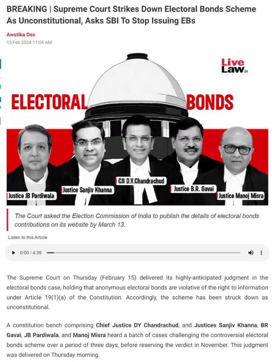 SakuntalaDev's tweet photo. SC strikes down Electoral Bonds scheme. A great ponzi scheme that has been an unending source of income for BJP since 2018 has come to an end. https://t.co/zTpn1x7AHq