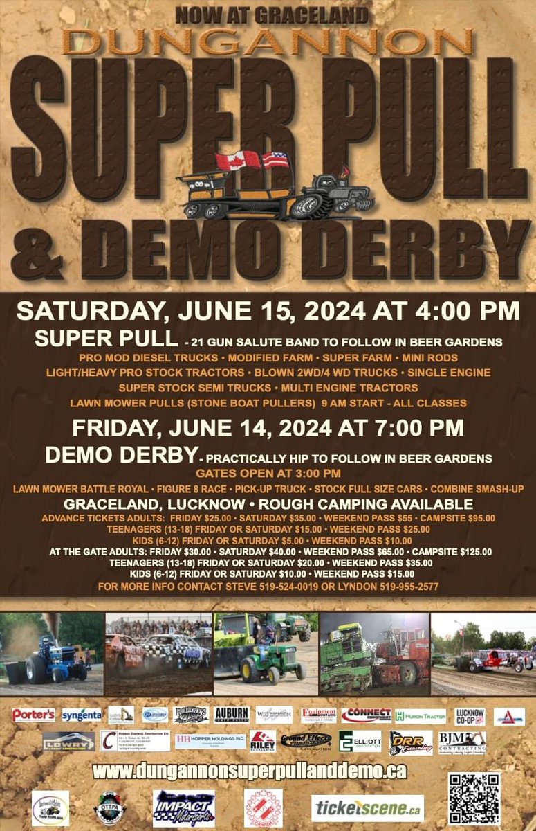 23rd Annual Dungannon SuperPull &amp; Demo Derby!
Father’s Day Weekend
Fri, June 14th with the Demolition Derby, followed by Practically Hip in the beer tent at 10pm
Sat, June 15th Stone Boat Pullers at 9am
SuperPull at 4pm followed by 21 Gun Salute Band
Camping available
#DGSP24