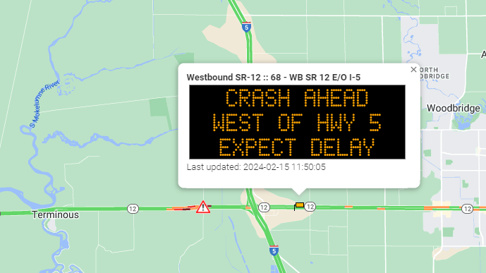CaltransDist10's tweet photo. #Terminous #FlagCity Expect delays as eastbound SR-12 is blocked at Guard Road west of I-5 due to traffic incident. No ETO. #knowbeforeyougo with https://t.co/KHwTwDD4mo https://t.co/FgqwAuQepJ