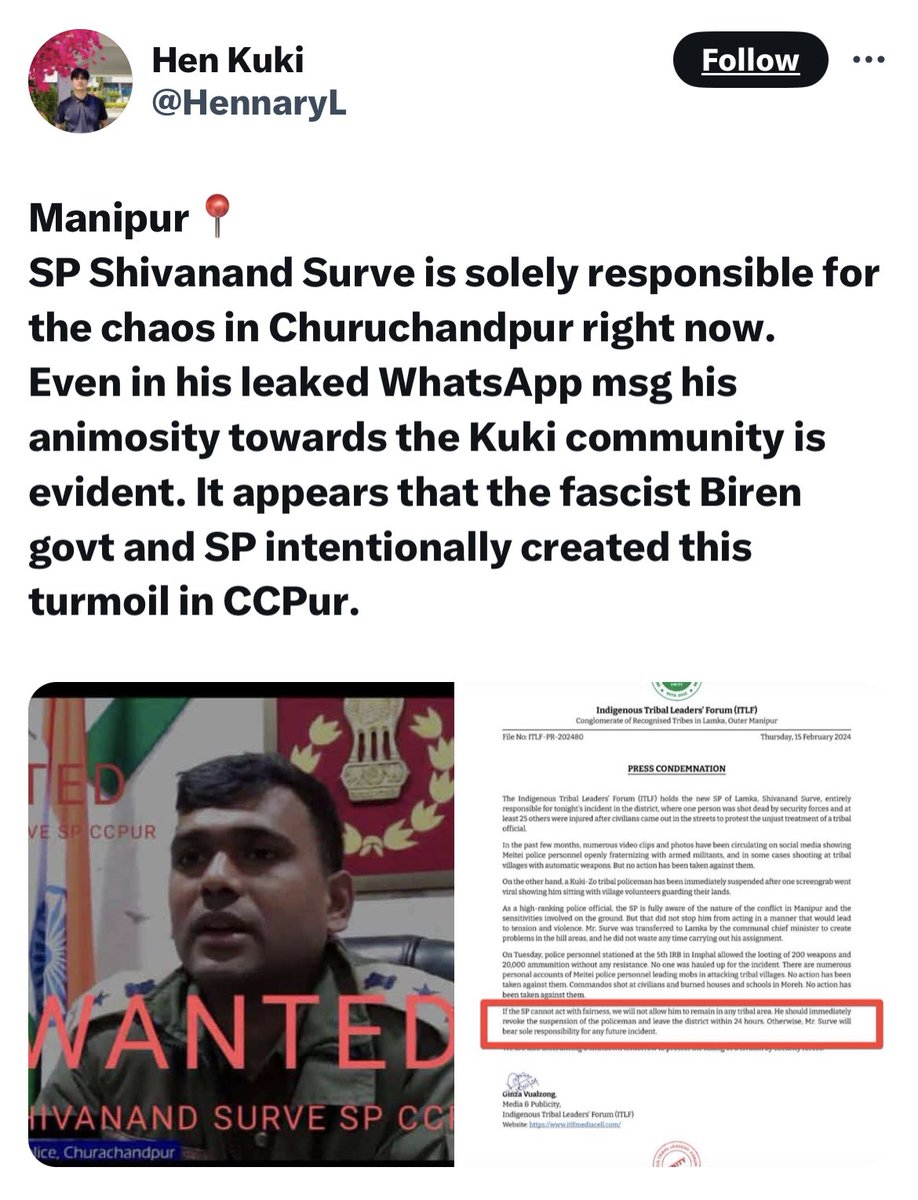 TheBlueHills49's tweet photo. 🆘Plea for help from #Churachandpur to fight #KukiTerrorism !!!🆘

1. Indian Tricolour 🇮🇳 flag taken down 

2. DC / Dharun kumar Residence completely burnt down 

3. kuki shooting at police and shooting at Assam rifles injuring one Jawan 

4. Wanted Announced for Shivanan Suvre , SP and IPS officer 

5. Police station vandalised 

6. DC office vandalised and Burnt 

The DC writes, “ whereas the situation has gone beyond the control of the District Administration and District Police in which case the ‼️District Administration and District Police required necessary assistance from the central forces.‼️

Now, therefore, I, Shri Dharun Kumar S, IAS, District Magistrate, Churchandpur District, in exercise of the power conferred under section 130 of Code of Criminal Procedure 1973, do 💥hereby requisition the services of Assam Rifles💥 in Churchandpur town and adjoining areas with immediate effect to assist Civil Authority in order to maintain peace and to bring a sense of security and confidence among the people of Churachandpur.

This is how #KukiMilitants and their supporter have been #EngineeringManipurViolence through #genocidal crimes to create a #NarcoStateInManipur 

🆘 Can Any Indian Media help 🆘

@IndianExpress @htTweets @ndtv 

@PTI_News @yogital @TanushreePande @miss_rai1 @BDUTT 
 @Swatij14 @Arunima24 @ishadrita @Simerchawla20 
@madhuparna_N @AmanKayamHai_ @AninBanerjee