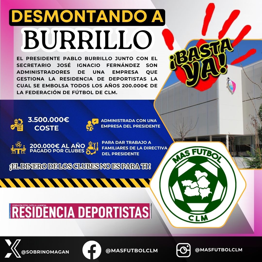 🚨 ¡𝐋𝐎 𝐐𝐔𝐄 𝐍𝐎 𝐒𝐀𝐁𝐄𝐍 𝐋𝐎𝐒 𝐂𝐋𝐔𝐁𝐄𝐒! 😲

🗣️ Pablo Burrillo usa la federación mediante la residencia de deportistas para enriquecerse aún más a costa de los clubes.

🏗️ El principal constructor ha sido 𝗙𝗿𝗮𝗻𝗰𝗶𝘀𝗰𝗼 𝗠𝗼𝗿𝗲𝗻𝗼 𝗦á𝗻𝗰𝗵𝗲𝘇 actual