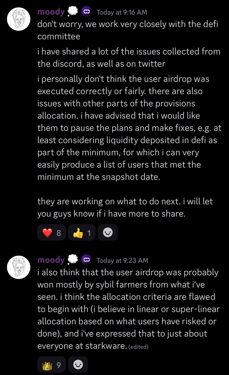 My thoughts on the @Starknet airdrop are that some parts of the allocation are great and others contain serious errors and should be redesigned, in particular the user allocation. Many users who came to Starknet to try @EkuboProtocol deposited thousands and got 0. The top user