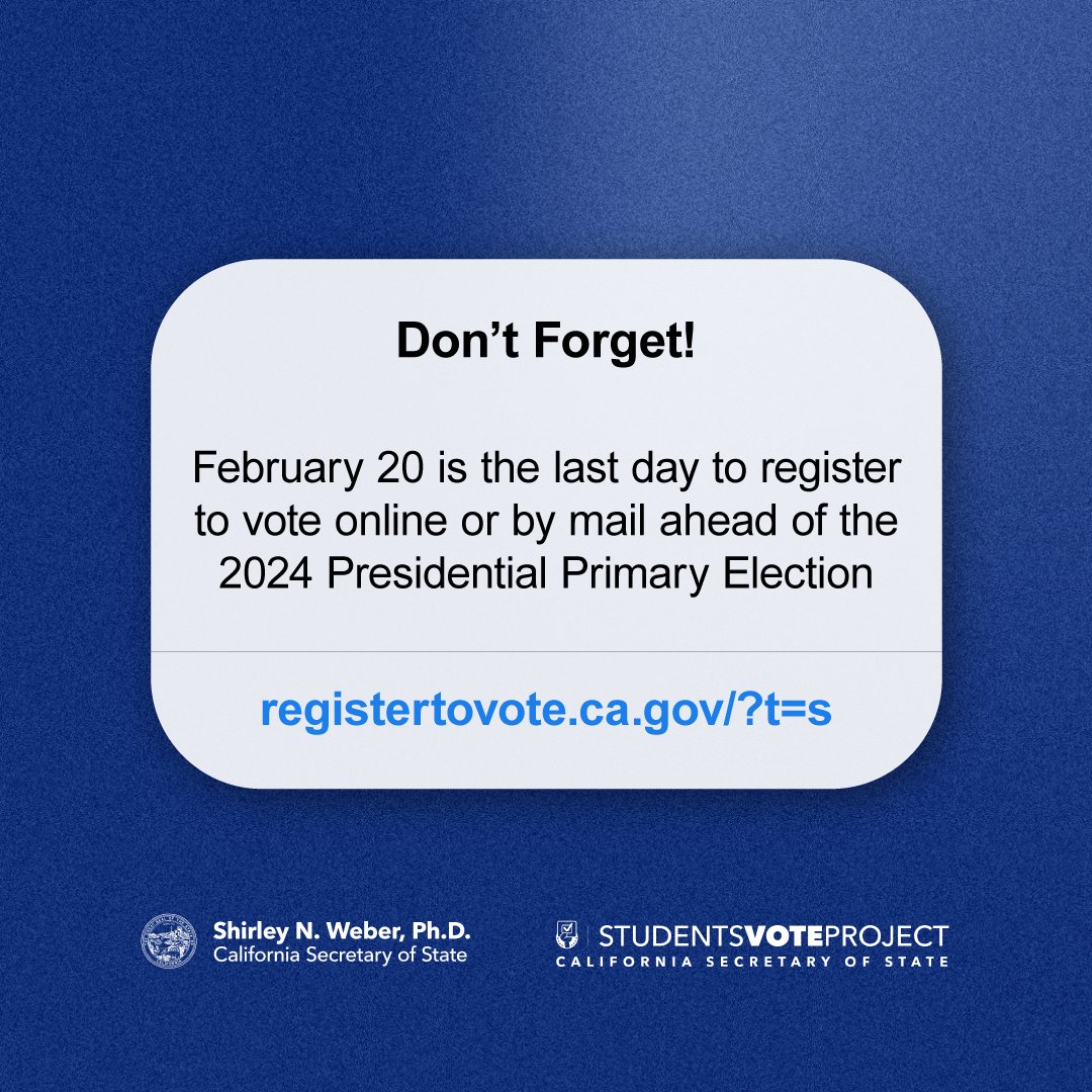 OfficialVCCCD's tweet image. February 20 is the last day to register to vote online or by mail before the March 5 Primary Election! Register to vote today at bit.ly/49yItWQ #CivicEngagement #StudentsVote