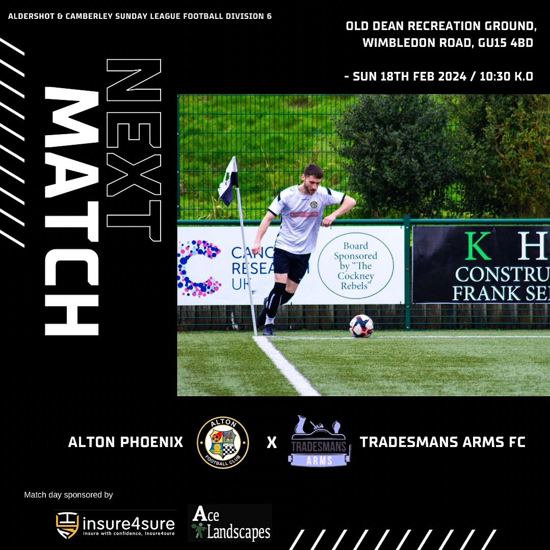 altonphoenixfc's tweet photo. 🚨 THIS SUNDAY AWAY 🚨

🆚 Tradesman Arms 
⌚️ 10:30 KO
🏟️ Old Dean Rec, Wimbledon Road, GU15 4BD

Match day sponsored by @Insure4sureUK &amp; Ace Landscapes  

⚪️⚫️Up The Phoenix! 🦅⚫️⚪️

#UTP / #sundayleague / #altonphoenixfc https://t.co/nUbMseZwKk