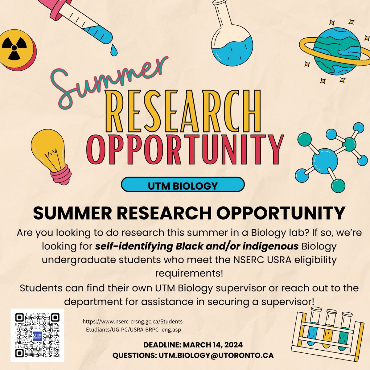 UTM Biology (@utmbiology) on Twitter photo #UTMBiology #undergrads
Biology undergrads self-identifying Black &/or indigenous  looking for Summer Research Opportunity?
 Check the poster & contact biology.utm@utoronto.ca 
 tinyurl.com/43af5sp7
Deadline: March 14, 2024 #UTMBiology #undergrads
Biology undergrads self-identifying Black &/or indigenous  looking for Summer Research Opportunity?
 Check the poster & contact biology.utm@utoronto.ca 
 tinyurl.com/43af5sp7
Deadline: March 14, 2024