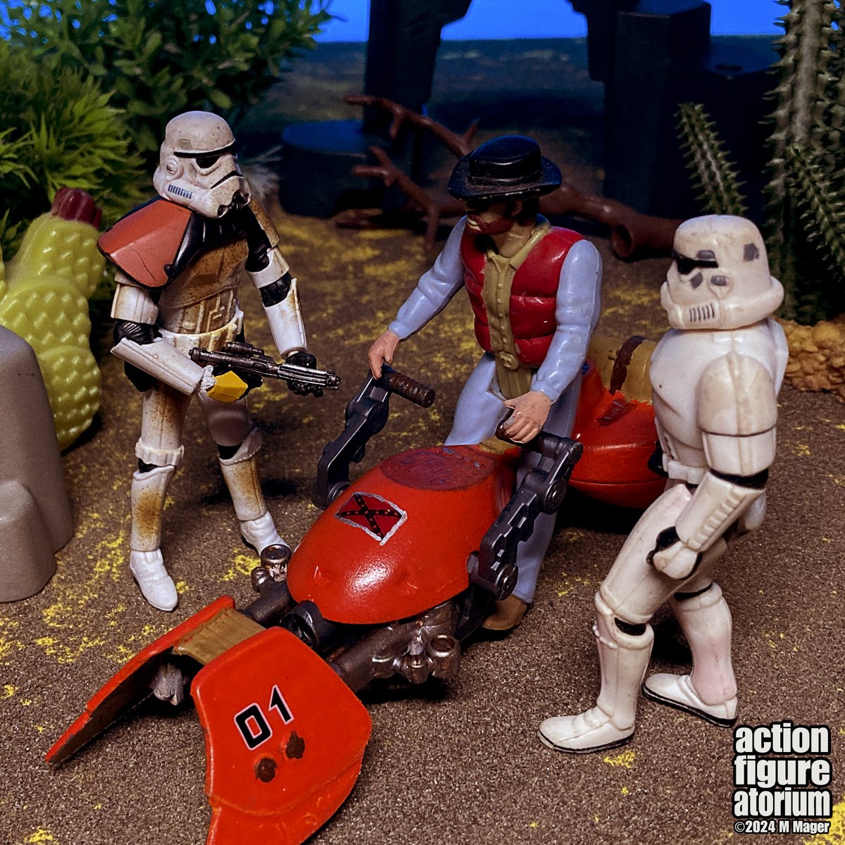 Waylon Jennings approaches OUTLAW COUNTRY
#starwarscustoms #speederbike #generallee #repaint #outlawcountry #dukesofhazzard #sandtroopers #oldwest #desertscene
#toyphotography #toycollector #toycollection #custom #diorama  #toys #customtoys #actionfigures #actionfigurephotography