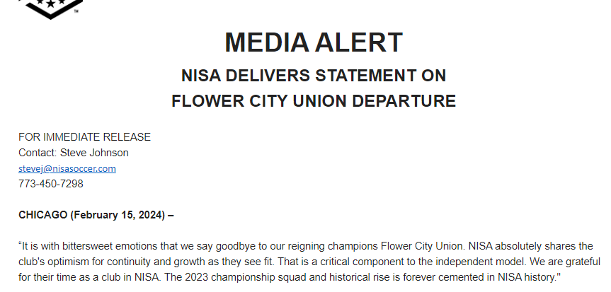 Flower City Union Leaves NISA

The National Independent Soccer Association announced today that @FlowerCityUnion is leaving the professional soccer league. The club was the 2023 champions of @NISALeague.