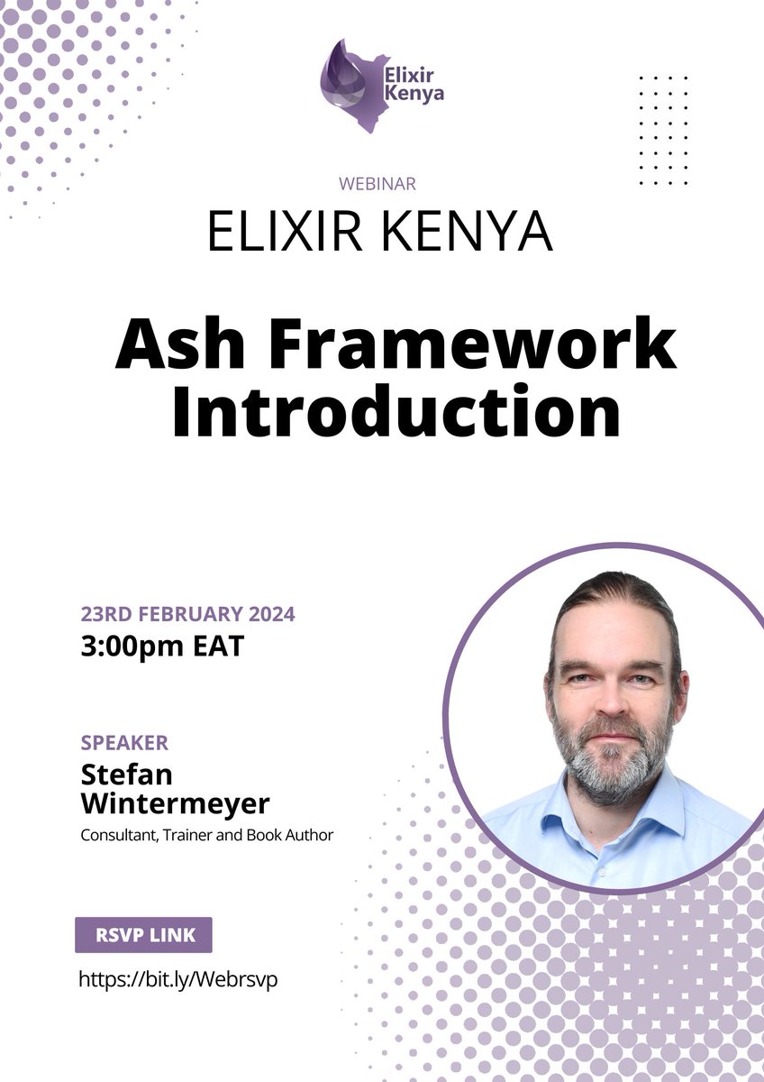 Its D-day !!📢 Our exciting talk will be happening today from 3:00pm EAT with our speaker @wintermeyer Introduction to Ash Framework You Don't want to miss out 🥳 Grab a spot now !! bit.ly/Webrsvp #myelixirstatus