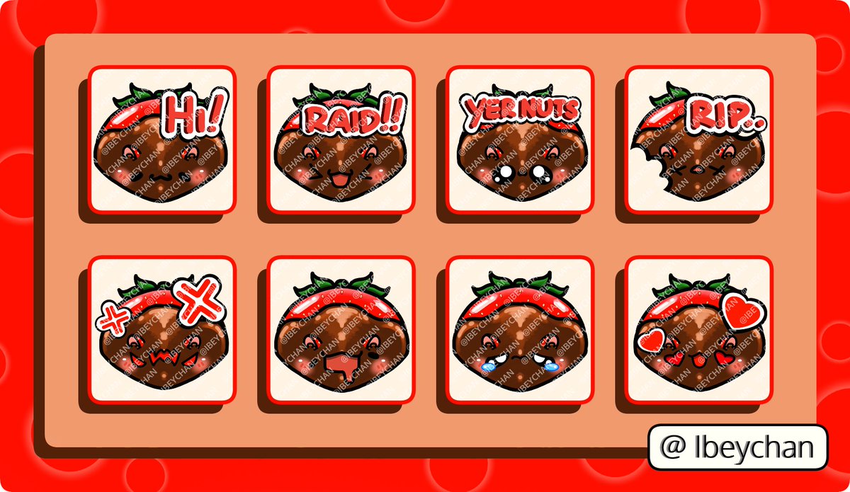 A little something something for @mitsu_qo
 some ChocoStrawberri Hampsters for Twitch and Discord uwu 

#twitchemotes #emotes #twitch #chocolatecoveredstrawberries #hamster #strawberry #chocolate