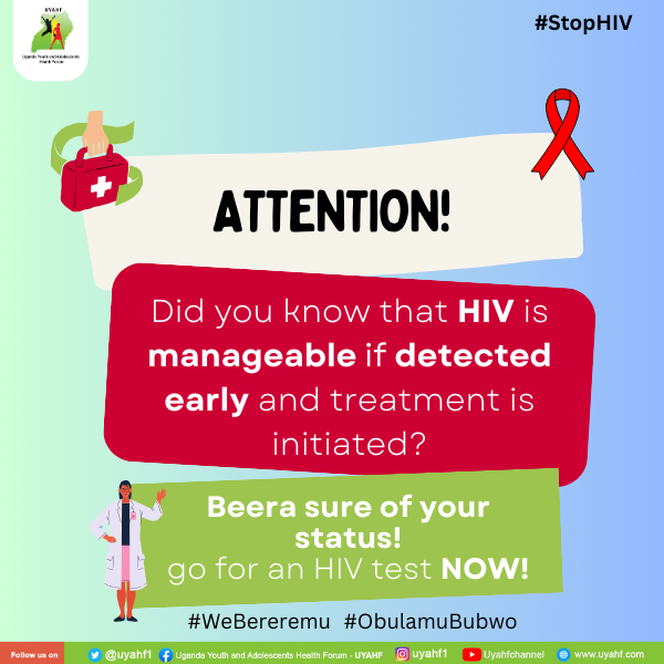 uyahf1's tweet photo. #StopHIV
“Testing Today, Healthier Tomorrow” 
Encouraging regular testing is crucial in HIV prevention and treatment. 
#ObulamuBubwo #WeBereremu https://t.co/kiMI4Vxcrj