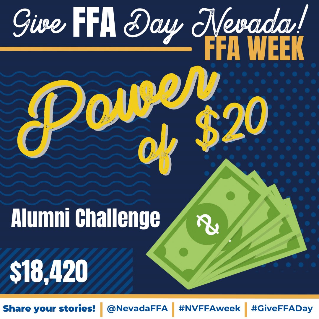 🎉 Today, we're celebrating the beauty in small gifts with our Power of $20 Alumni Challenge!

🤲 Donate even just $20 to Nevada FFA for Give FFA Day!

🔗 Visit the link in our bio or giveffaday.ffa.org/campaigns/neva…

#GiveFFADay #NevadaFFA