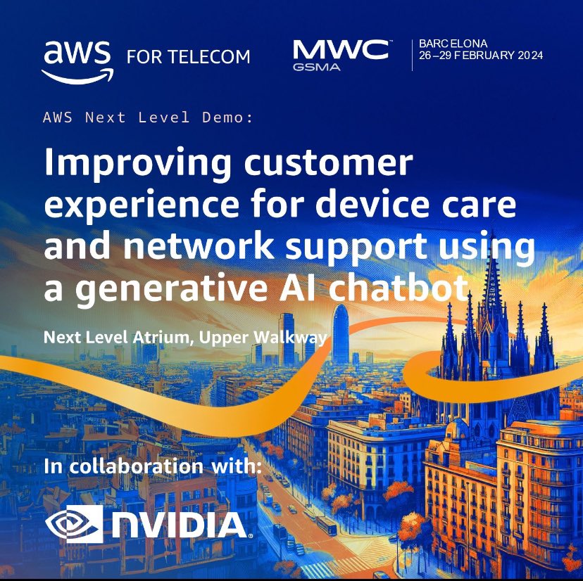 If you are going to MWC Barcelona next week, stop by the AWS for telecom next level for some coffee and to learn about how AWS and NVIDIA are working together in the telco space! lnkd.in/gjHKhfmS #mwc2024 #telco #AI #mwcbarcelona2024 #AWS #NVIDIA