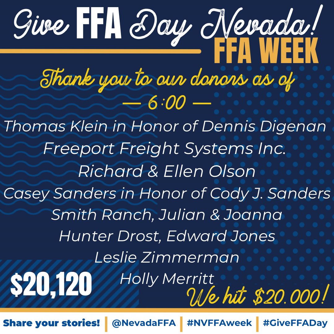 🎉We hit $20,000 just in 19 hours! Can we get another $10,000 in the next 5 hour to reach our goal?!

🌱Each donation nurtures the growth of FFA members, cultivating leadership, growth, and success in our communities.

🔗 Visit the Link in our bio or giveffaday.ffa.org/campaigns/neva…